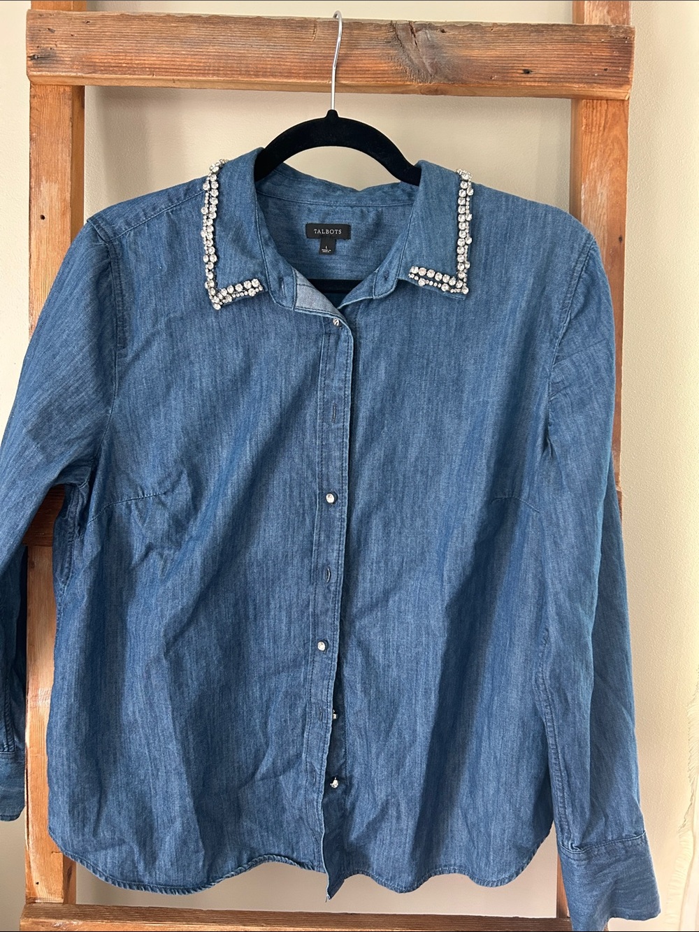 Talbots Blue Denim Button-Down Shirt with Rhinestone Trim Collar